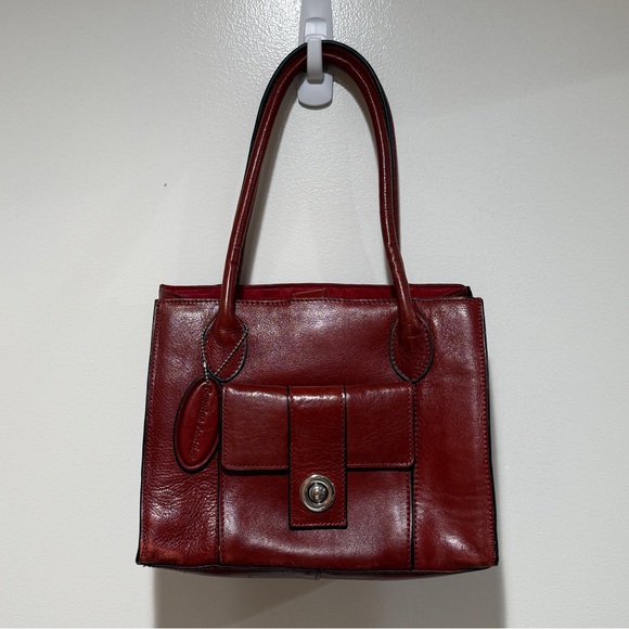 Wilsons Leather Handbags - Wilsons Leather Roma Leather Push Lock Tote Handbag Dark Cherry Red Mahogany